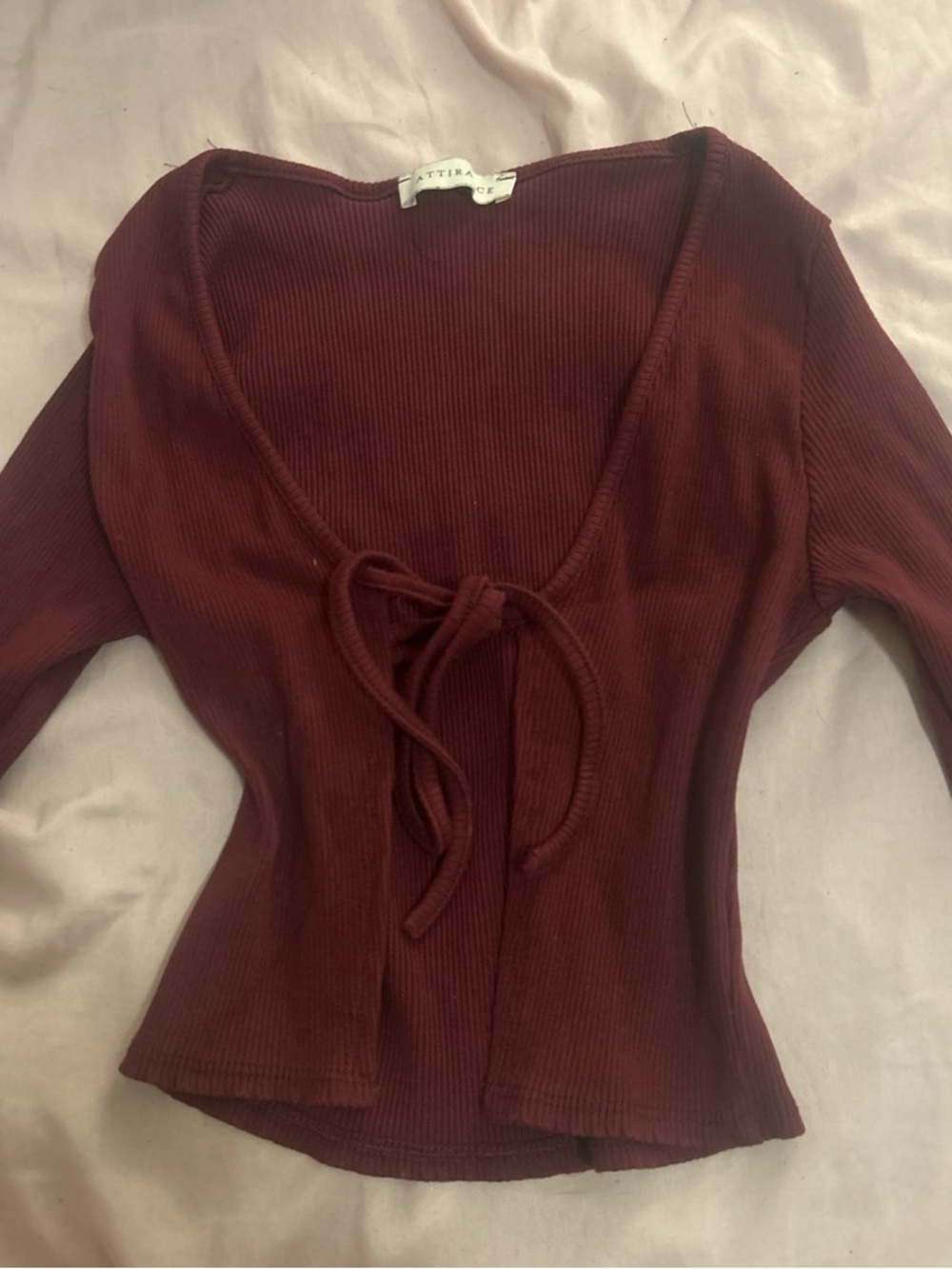 ATTIRA Burgundy Ribbed Tie-Front Top